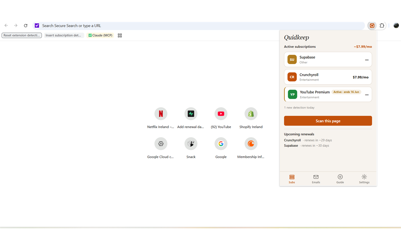 Quidkeep open in a browser side panel, showing active subscriptions and upcoming renewals while browsing.