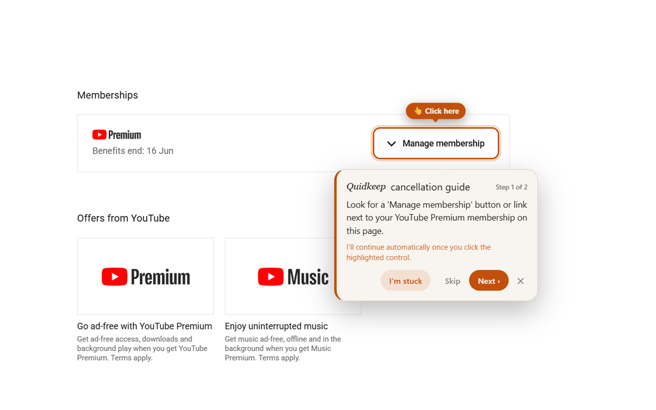 Quidkeep's step-by-step cancellation guide pointing at the 'Manage membership' button on a YouTube Premium page.
